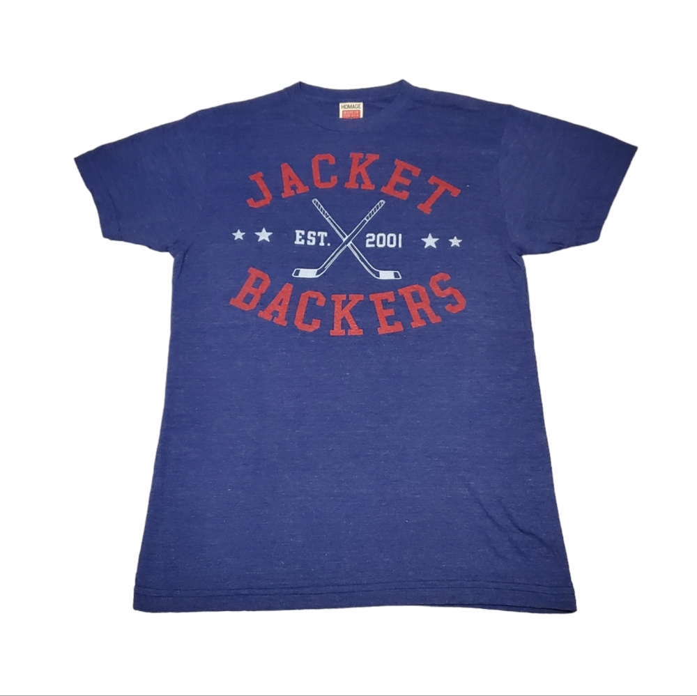 Old School Homage Columbus Blue Jackets Jacket Backers tee